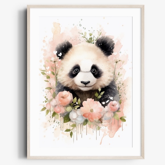 Other - Watercolor Panda Bear With Flowers Portrait Wall Art Illustration Print Unframed